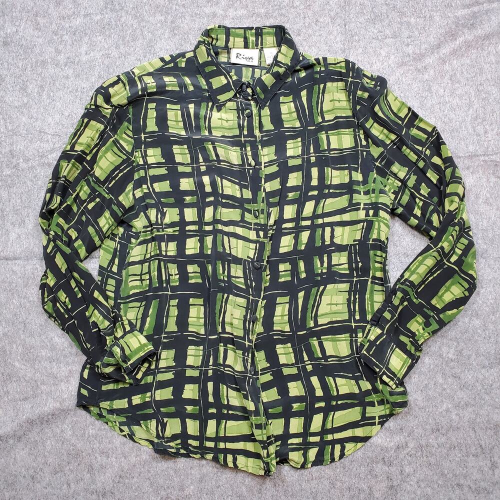 Vintage Riva Top Womens Medium Silk Button Front Plaid Windowpane Abstract Retro